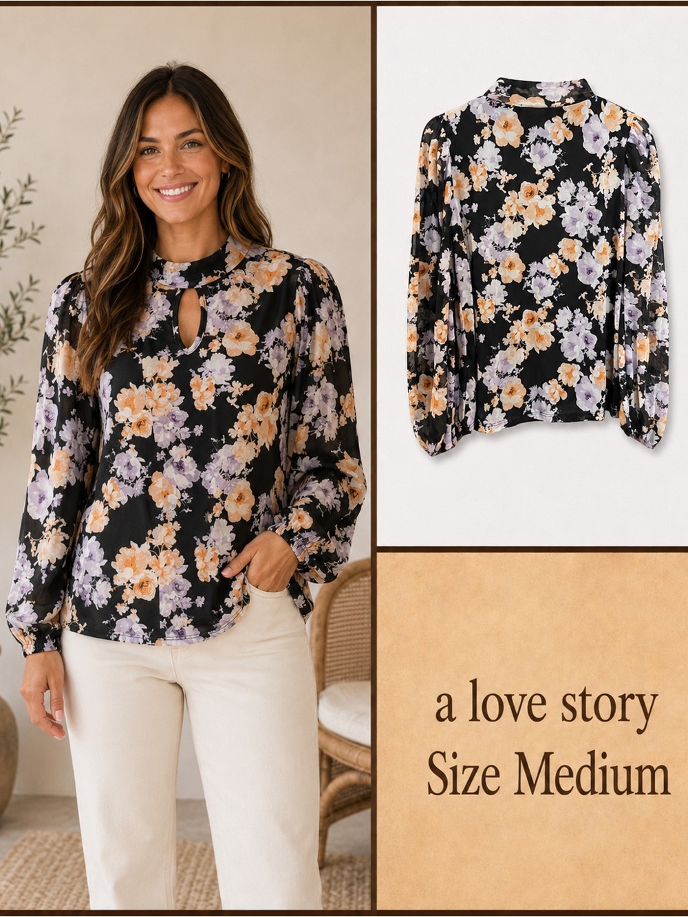 A Love Story black floral blouse with orange, purple, and white flowers, size M.